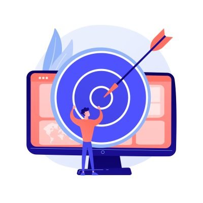 Focus group business research. Data analytics company profitable strategy planning. Dartboard on computer monitor. Corporate goals and achievements. Vector isolated concept metaphor illustration